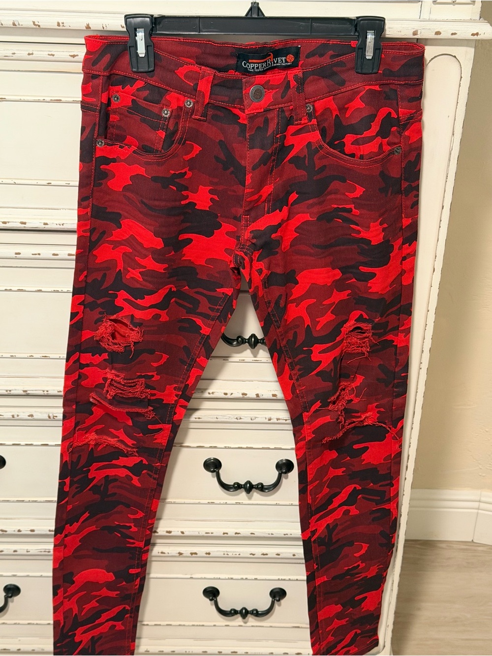 Men’s Copper Rivet Red Camo Skinny Jeans